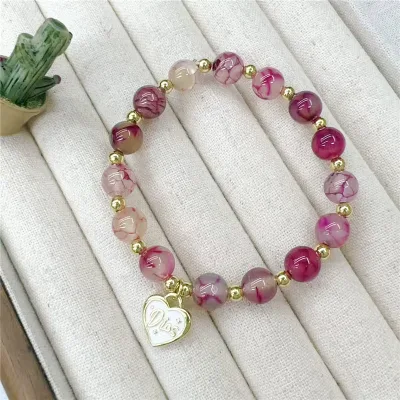 CH-CKT0827 Natural agate beads bracelet,Color stone round beads bracelet jewelry,Enamel heart charm bracelet wholesale