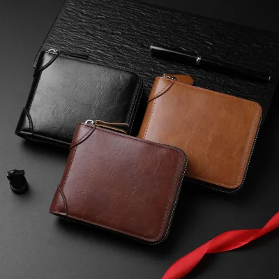 Men's Multi-Functional Zipper Closure Short Wallet Portable Leather with Polyester Lining