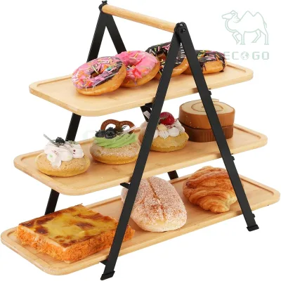 3 Tier Bread Fruit Cupcake Stand Cake Display Holder Bamboo Dessert Serving Tray for Party