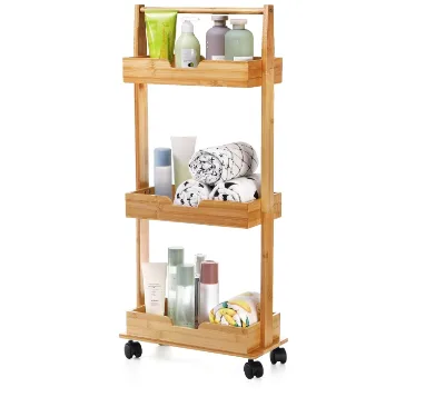 3 Tier Bamboo Shower Caddy Stand Bamboo Shower Floor Organizer Corner with Sliding Wheels Bathroom Shelf Rack for Bathtub