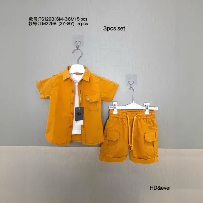 New Summer Set 2Y-8Y NEW Children's Foreign Trade Cotton T-shirt + Short-sleeve Shirt + Shorts 3-piece Set Turn-down Collar
