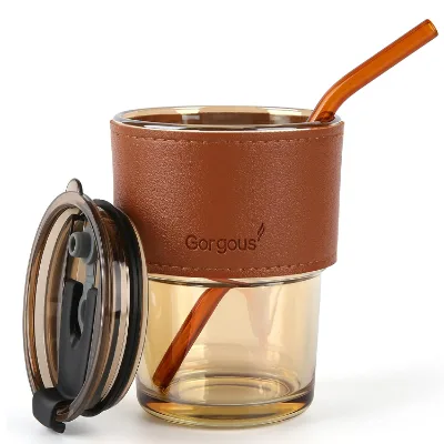 Customizable Logo 400ml Insulated Coffee Glass Cups With Straw and Lid Amber Glass Cup With Protect Sleeve
