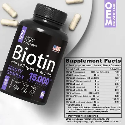 Private Label Biotin Collagen Keratin Capsules Supports Hair, Skin & Nails Health for Women & Men 60 Capsules