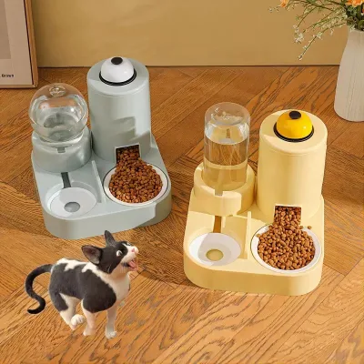 Automatic 3in 1 Cat Feeder Water Dispenser Combo with Bell Call Detachable PP Bowls for Dogs Cats