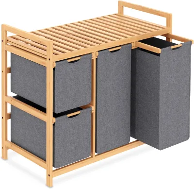 Natural Bamboo Frame Laundry Sorter Hamper Cabinet Multi Compartment Clothing Storage Organizer Shelf for Bathroom Bedroom