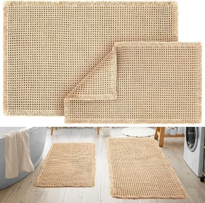 CF 2 Pcs Hot Melt Adhesive Back Machine Made Eco-Friendly Absorbent Shower Use Polyester Waffle Bath Mat