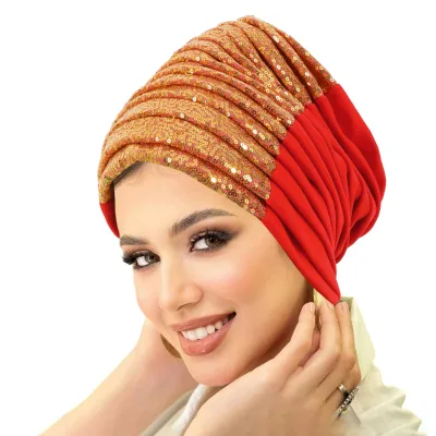 New Style Fashionable Muslim Turban Multi-layered Folded and Spliced Golden Sequin Headscarf for European and American Ladies
