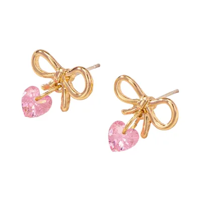 Romantic Pink Zirconia Heart Bow Stud Drop Earrings Trendy Alloy Jewelry for Women for Valentine's Day 2026