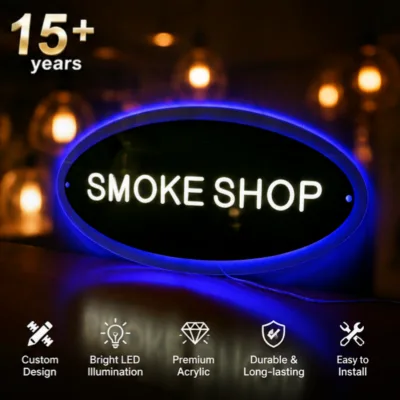 Illuminated Round Business Sign in Black Plate Finish with Energy Efficient Led Lights for Storefront and Bar Use