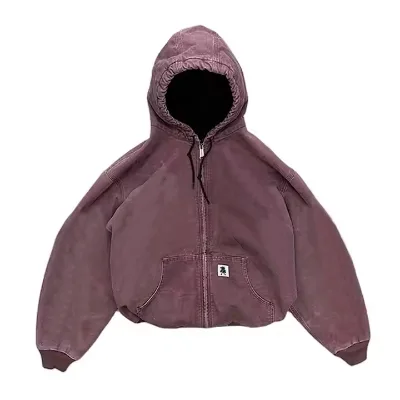 DiZNEW OEM Wholesale Custom Washed Heavyweight Canvas Worker Lined Zipper up Hood Jackets 100% Cotton Men Jeans Jacket