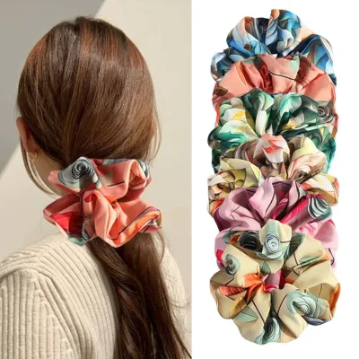 Fashion Print Large Hair Scrunchies Colorful Elastic Holiday Hair Band Vintage Floral Printed Satin Scrunchies for Women