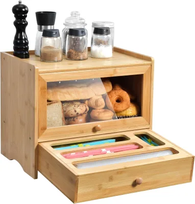 Bamboo Bread Box Suitable for Kitchen Countertop Bamboo Double-Layer Bread Storage with Acrylic Door Storage Box for Plastic Bag