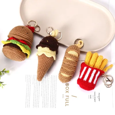 Handmade Crochet Food Keychain Hamburger Ice Cream Cone Baguette French Fries Gold Key Ring Cute Yarn Charm