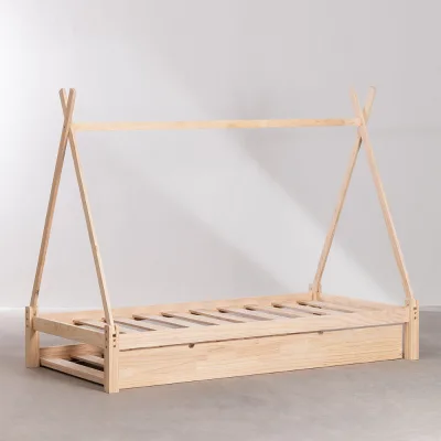 Modern Design Bedroom Furniture Kids Custom Wooden Bed Toddler House Bed Natural Bed Tent Frame with Storage