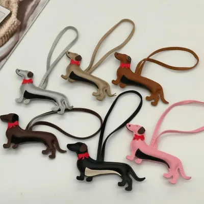 Cute PU Leather Dachshund Keychain Bag Charm Bow Tie Sausage Dog Pendant with Long Lanyard Fashion Cartoon Dog Hanging Accessory