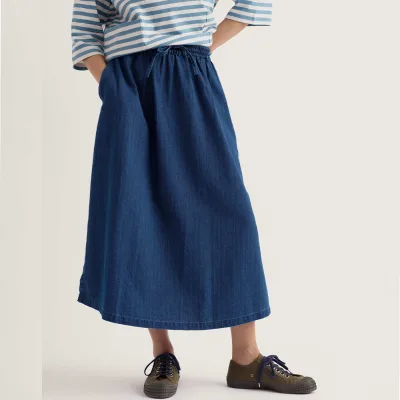 High Waist Women Denim Midi Skirt Elastic Drawstring Jean Bottoms A-Line Flared Indigo Undefined Abbigliamento Donna Wholesale