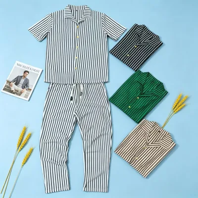 8 Dollar MXJ075 Men Striped 2 Piece Loungwear Set,Short Sleeve Turn Down Collar Shirt+Drawstring Long Pants,Vertical Stripe Set