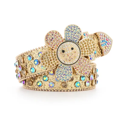 Vintage Style Women's Petal Belt All-Match Full Diamond Wide Crystal with Rhinestone Leather PU Material