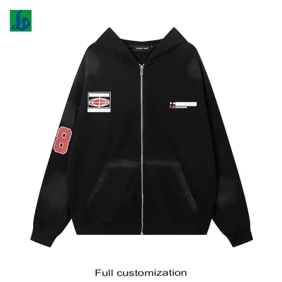 Customizable Men's Black Zip - up Hoodie - Cotton - Polyester Blend, Distressed Finish, Printed & Patched Design, Loose