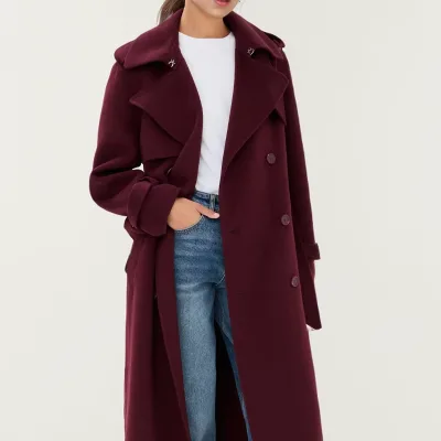 Customized Vintage Red Barge Collar Double Breasted Belted With Pockets Side Slit Tweed Women's Warm Long Sued Trench Coat