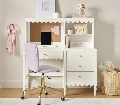 Scalloped Design Wooden Kids Study Storage Desk with Four Drawers and Tech Hutch Children Learning Table