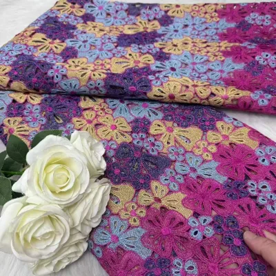 Colorful Pattern Eco-Friendly Water Soluble Embroidered Tulle Lace Fabric 5Y Guipure Cord Rhinestone Decorated for Dresses