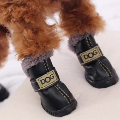 Winter Warm and Waterproof Anti-Slip Leather Dog Boots with Fur Print Pattern for Dog Walking in Snow