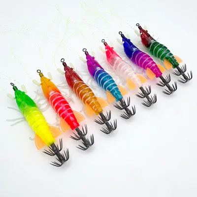 High Quality 7.3cm 5.1g 7color Glow Shrimp Squid Jig Artificial Shrimp Saltwater Lure Lead Beads Soft Leg Shrimp Squid Jig Lure
