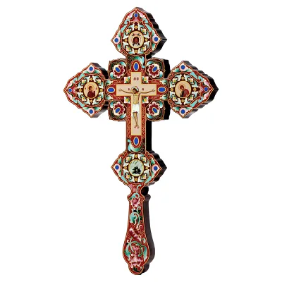 HT New Orthodox Handheld Altar Cross Jesus and Mary Religious Figures Icon Enamel Decoration on Wood Bishop Prayer Cross