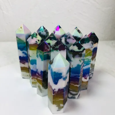 Wholesale Electroplated Aura Wand Rainbow Striped Zebra Jasper Crystal Towers for Healing Craft Gifts