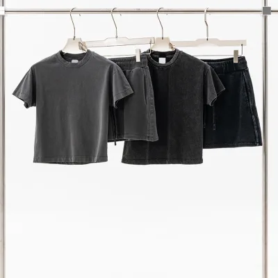 Shirt and Skirt Set for Women 100% Cotton Acid Wash Color Vintage 2 Pieces Set Women Casual T Shirt Skirt Women' s Sets