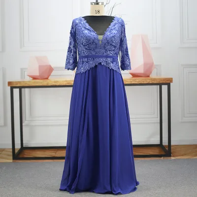 KDG Blue Plus Size Embroidery Beading 3/4 Sleeve  a Line V Neck Lace Full Back Chiffon Skirt Mother of the Bride Evening Dresses