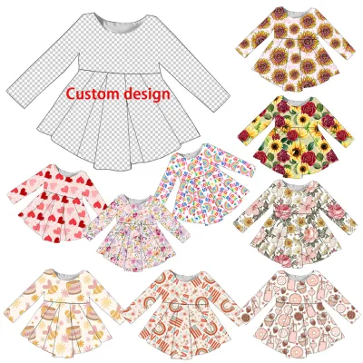 Custom Design High Quality New Fashion Baby Girls Party Dresses Wholesale Kids Long Sleeve Round Neck Birthday Dresses