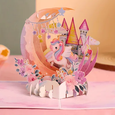 3D Pop up Box Greeting Card Unicorn Moon Castle Floral Design Kids Girls Birthday Paper Gift Card