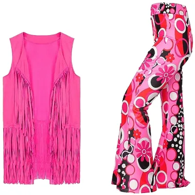 70s Costume for Women Disco Outfits Hippie Fringe Vest Boho Flared Pants Set New Style Cosplay Costume Women