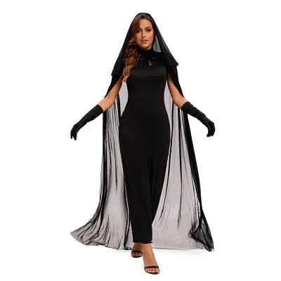 Black Hooded Halloween Cosplay Witch Costume for Women TV Polyester Sexy Long Dress Carnival Party Stage