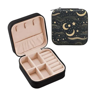 Custom Star Moon PU Leather Zipper Jewelry Box Travel Jewelry Organizer Compartments Stylish Ramadan Edition Velvet Lining