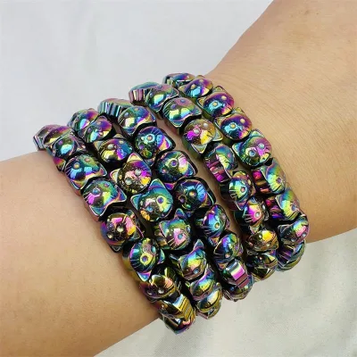 Hot Selling Natural Rainbow Aura Quartz Electroplating Hematite Cat Head Bead Handmade Adjustable Elastic Bracelet for Men Women