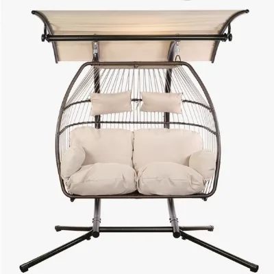 Outdoor Double Swing Egg Chair with Canopy 2 Person Stainless Steel Handmade Hammock Chair with Stand Waterproof Durable