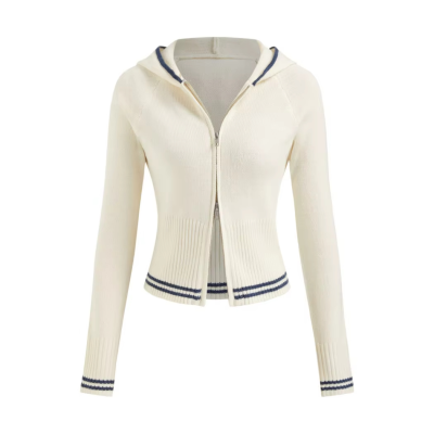 KNIT HOODED LONG SLEEVE CONTRASTING BINDING ZIP THROUGH CARDIGAN
