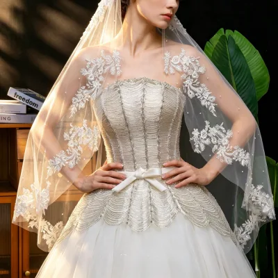 French-Style Vintage Heavy-Duty Phoenix-Tail Embroidered Lace Trim Pearl Tulle Wedding Bridal Veil Individually Packaged