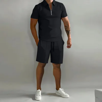 2025 Zipper up Male Stretchable Sweatsuit Tshirt Plus Size Tracksuit Plus Size Mens Jogger Suit 2 Piece Short Sets