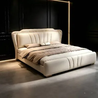 Premium Modern Royal Hotel Style Revolving Soft Bed with Wing Back Headboard and Gold Metal Accent for Guest Room