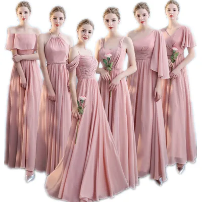 Six Types Chiffon Shoulder Classic Empire Silhouette Bridesmaid Dress Blue Eco-Friendly Floor-Length Sashes 2025 New Arrive