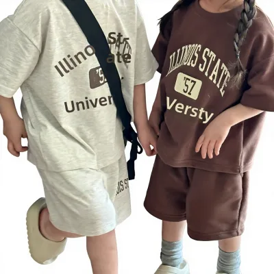 Korean-style Childrens Summer Sportswear Set Pure Cotton Letter Softened New 2026 Summer Collection Boys Casual Short-sleeve