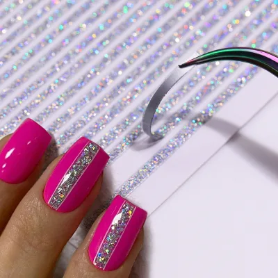 2022 Holographic Silver Gold 3D Line Nail French Stickers Stripe Letters Decals Curve Gel Glitter Nails Art Sliders