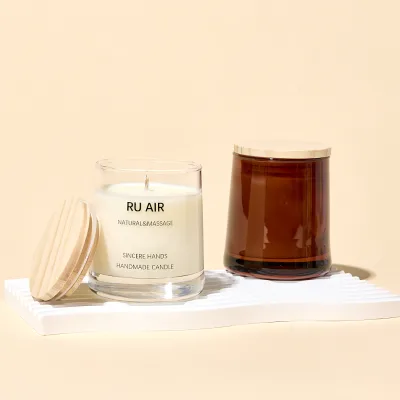 Eco-Friendly 9 OZ Brown Glass Candle Jar  Heat Resistant Empty Candle Jar with Wooden Lid for DIY Candle Craft