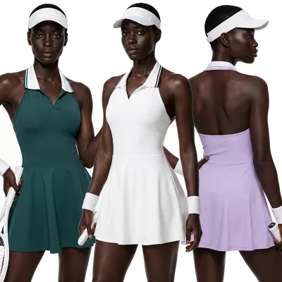 New Design Outdoor Backless Sports Tennis Dresses Hanging Neck Lightweight Women's Turn Down Collar Breathable Golf Skirts