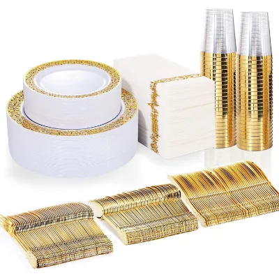 175 Pcs Wedding Birthday Party Supplies Knife Fork Spoon Cutlery Set Disposable Cup Plate Tableware Plastic Dinnerware Set