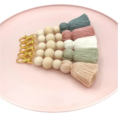 Wholesale Boho Tassel Keychain Handmade Wood Beads Alloy & Cotton Teacher Gift for Purse Bag Charm Accessories